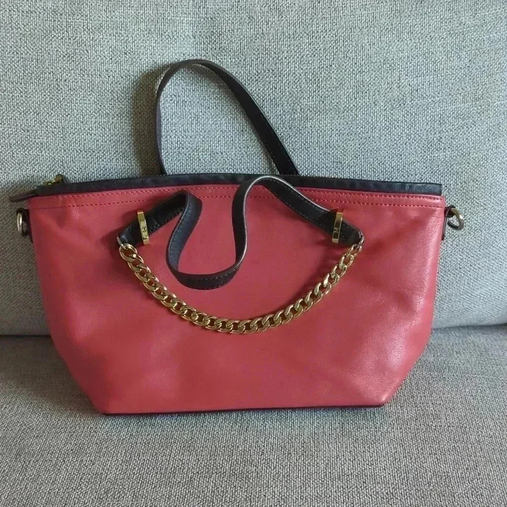 Vintage Halston Heritage Leather Handbag with Crossbody Option Salmon/Brown/Gold - Picture 3 of 6